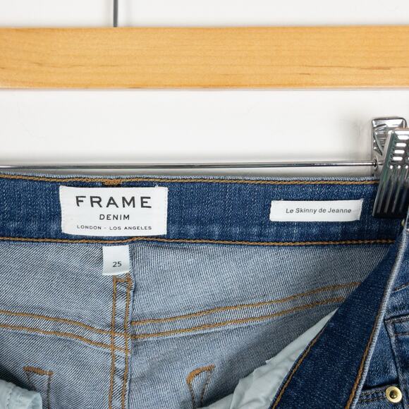 FRAME Le Skinny de Jeanne Jeans 25 Medium Wash Distressed Raw Hem USA - Picture 7 of 9
